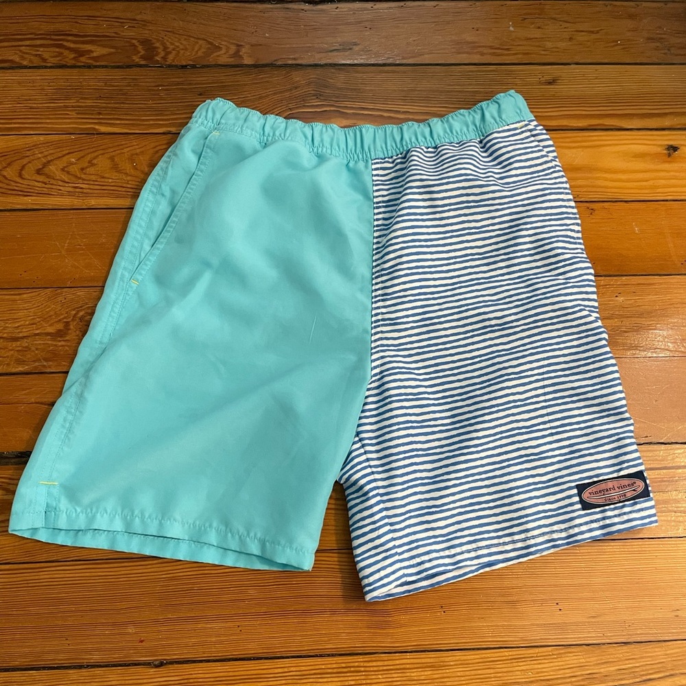 Vineyard Vines Blue and Aqua Striped Swim Trunks - Boys Large Built-in Briefs